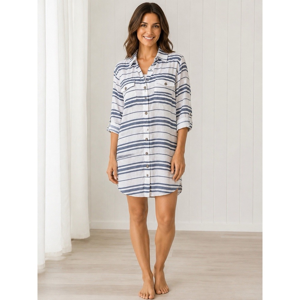 Dotti Women's S Blue White Striped Cotton Shirt Dress Swim Cover Up Coastal
